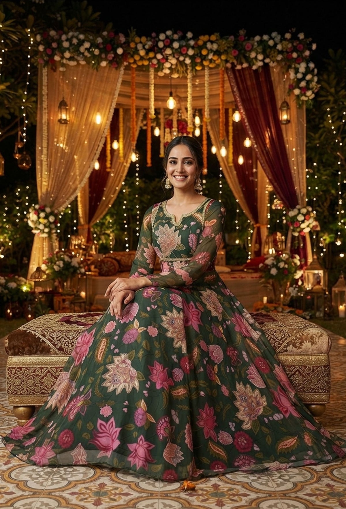 Beautiful Floral Printed Chiffon Full-Flare Anarkali Suit Set with Printed Dupatta