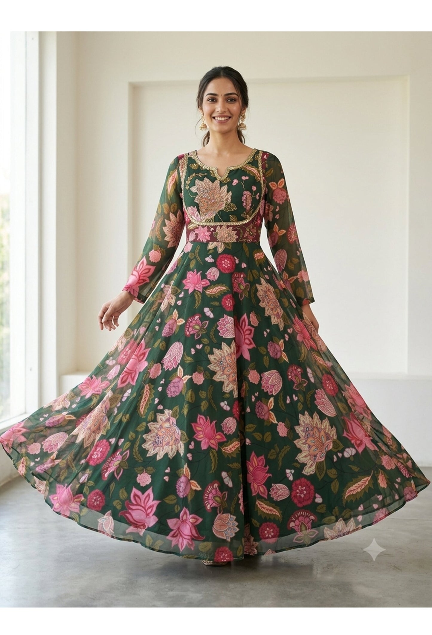 Beautiful Floral Printed Chiffon Full-Flare Anarkali Suit Set with Printed Dupatta
