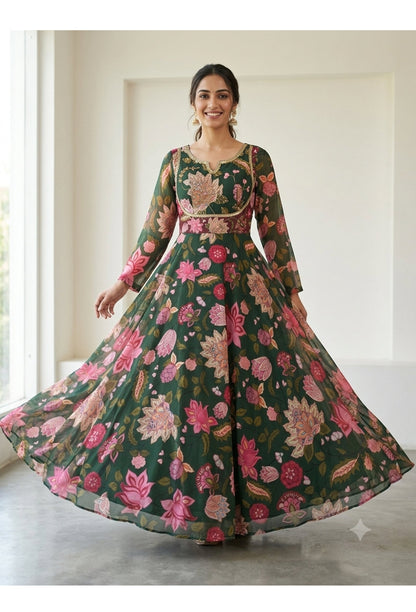 Beautiful Floral Printed Chiffon Full-Flare Anarkali Suit Set with Printed Dupatta