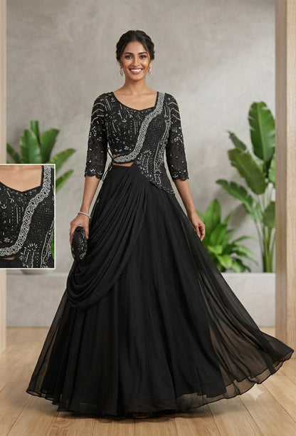 Designer 2-Way Indo-Western Hand-Embellished Georgette Crop Top & Skirt Set Dress with One Side Drop Shoulder