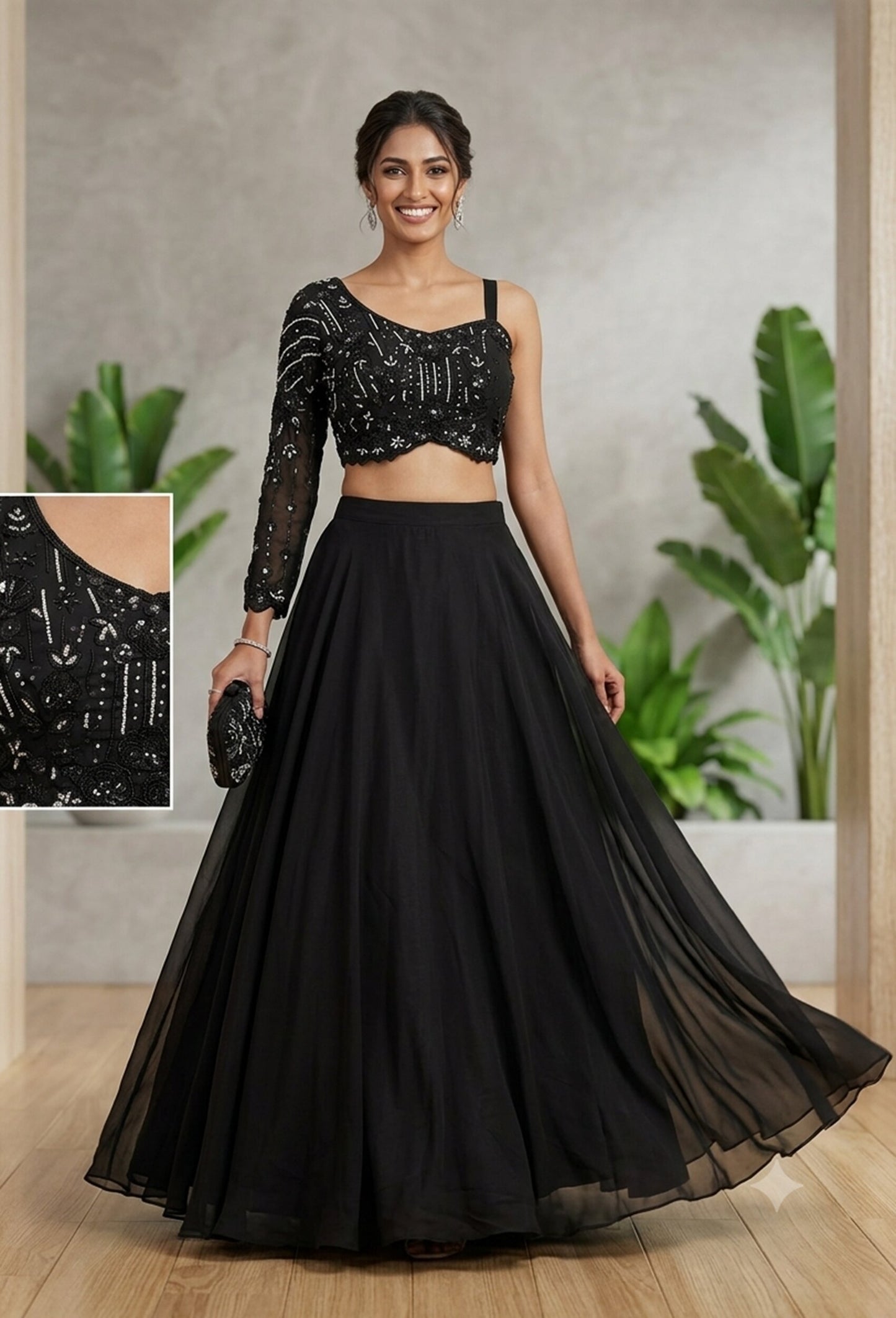 Designer 2-Way Indo-Western Hand-Embellished Georgette Crop Top & Skirt Set Dress with One Side Drop Shoulder
