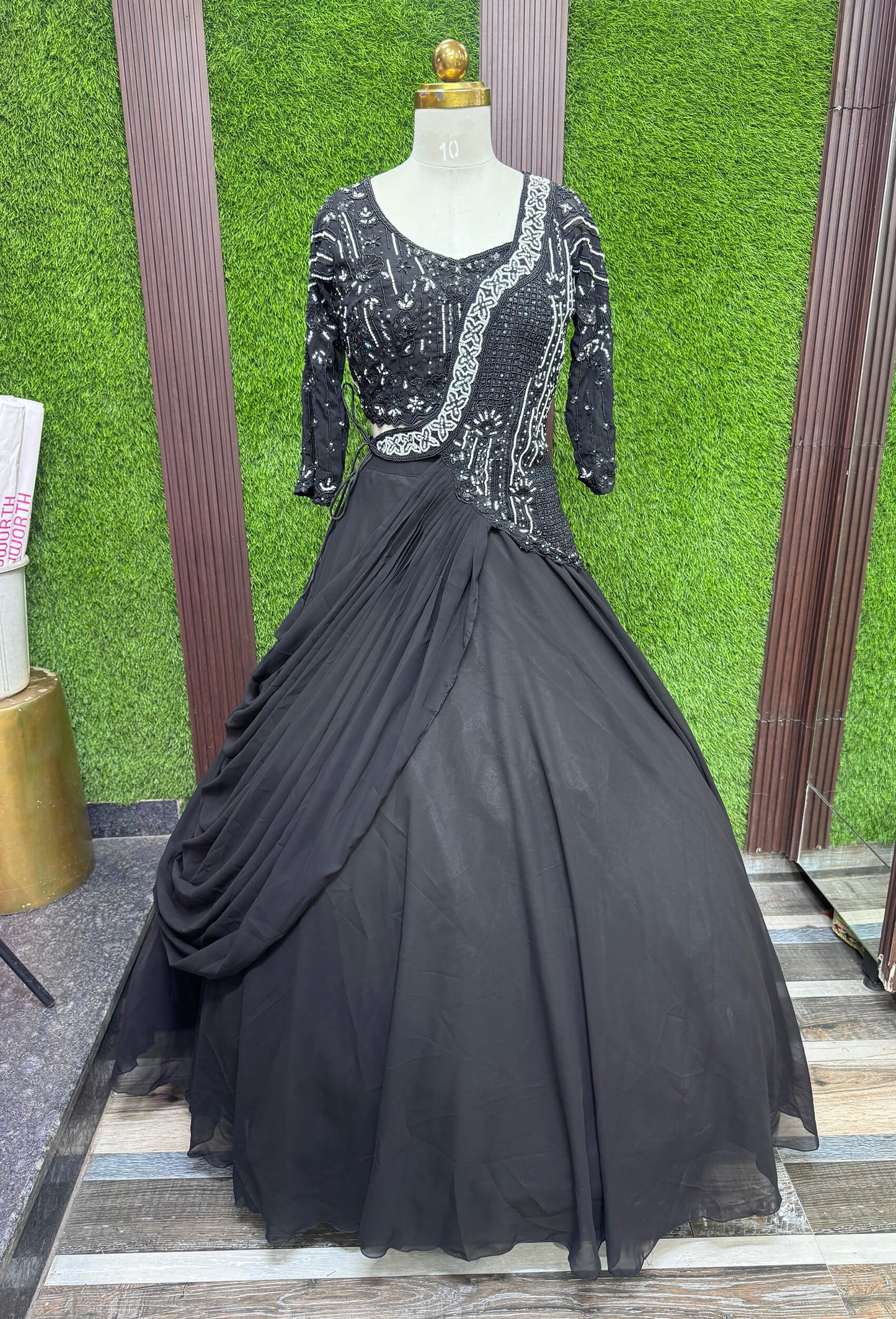 Designer 2-Way Indo-Western Hand-Embellished Georgette Crop Top & Skirt Set Dress with One Side Drop Shoulder