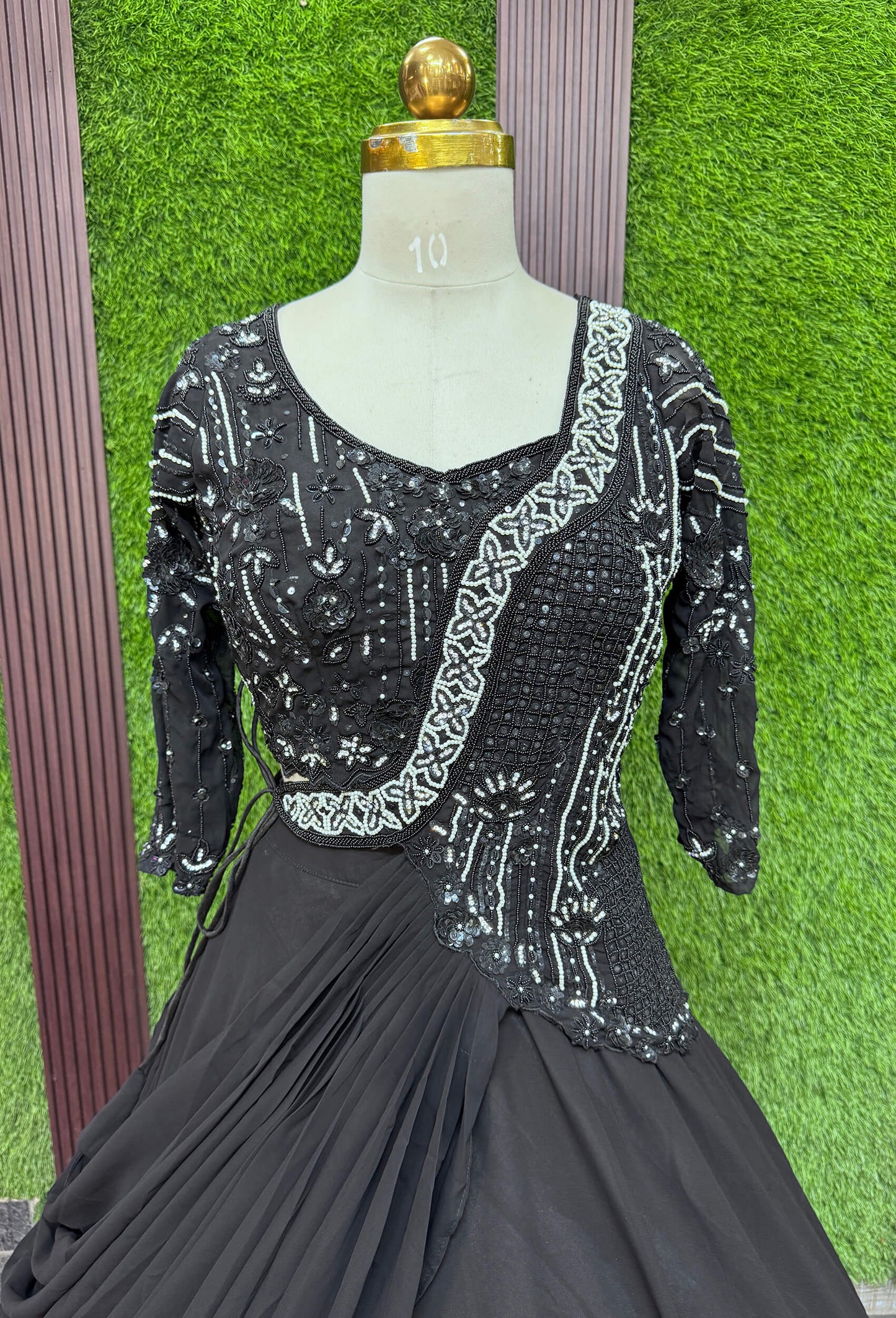 Designer 2-Way Indo-Western Hand-Embellished Georgette Crop Top & Skirt Set Dress with One Side Drop Shoulder