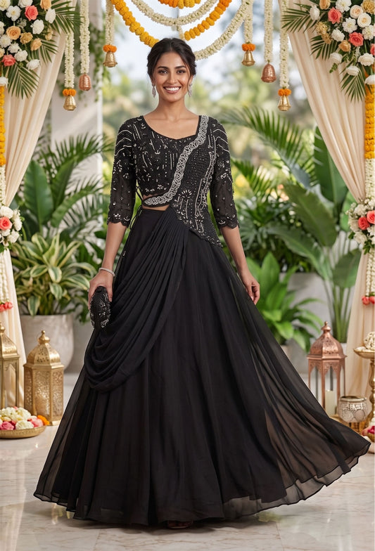 Designer 2-Way Indo-Western Hand-Embellished Georgette Crop Top & Skirt Set Dress with One Side Drop Shoulder