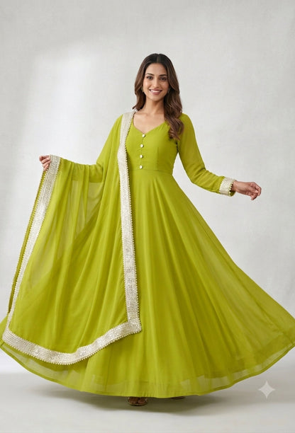 Partywear Full-Flare Georgette Anarkali Ethnic Dress with Four-Side Gotta Border Dupatta