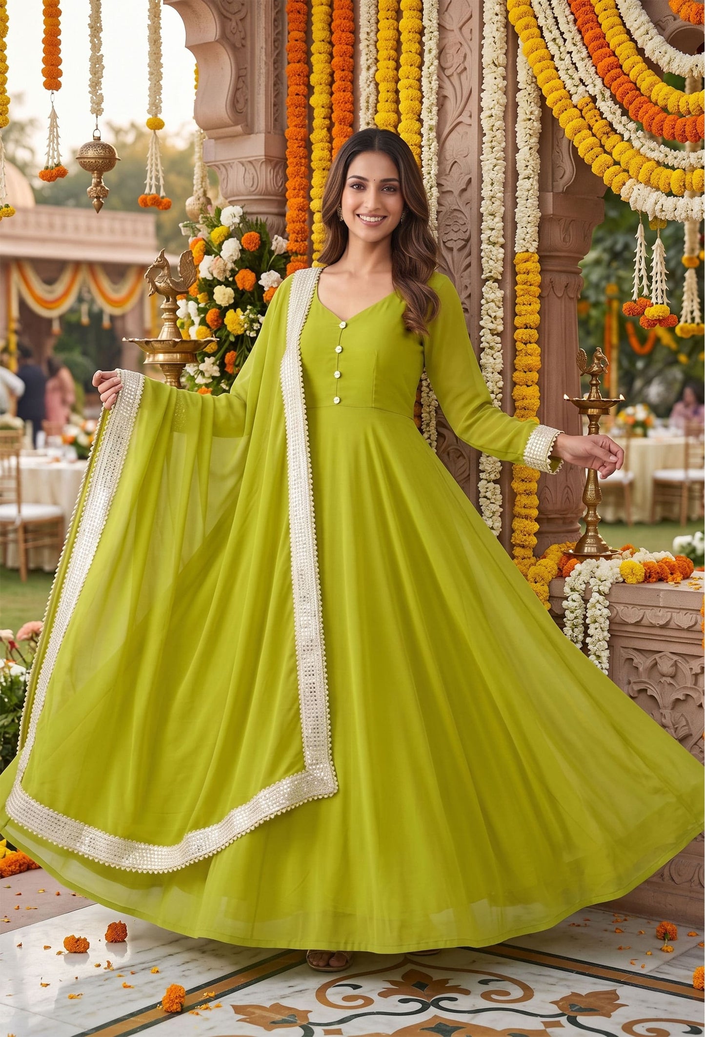 Partywear Full-Flare Georgette Anarkali Ethnic Dress with Four-Side Gotta Border Dupatta