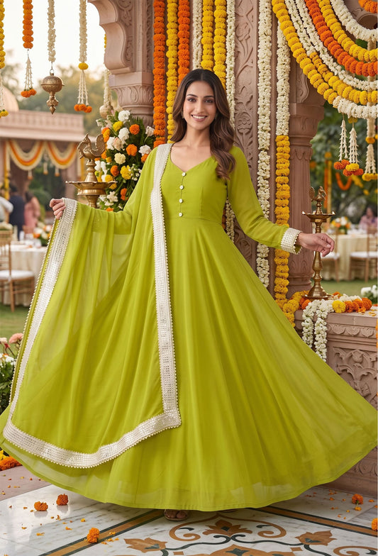 Partywear Full-Flare Georgette Anarkali Ethnic Dress with Four-Side Gotta Border Dupatta