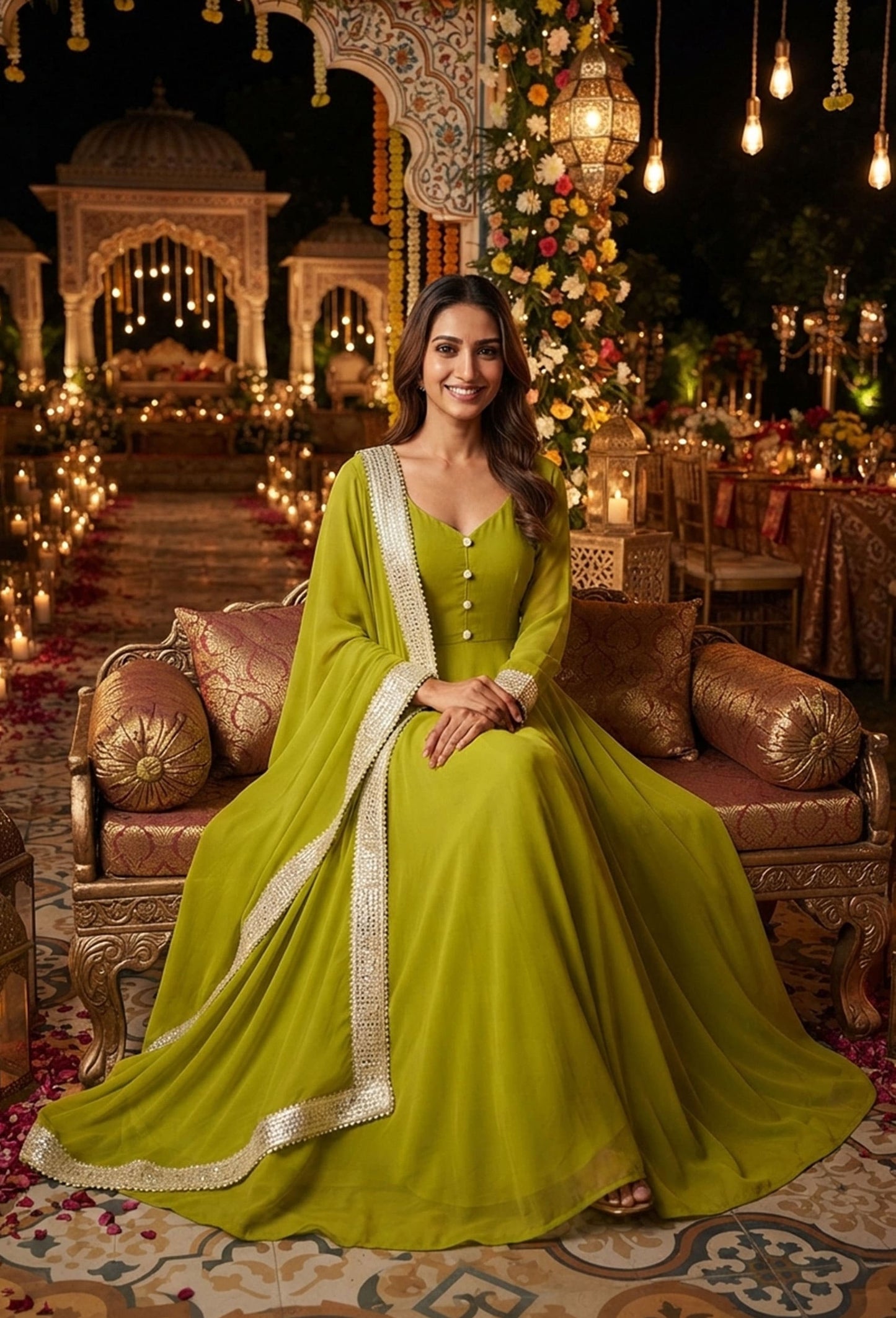 Partywear Full-Flare Georgette Anarkali Ethnic Dress with Four-Side Gotta Border Dupatta