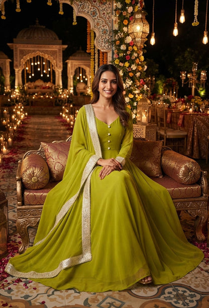 Partywear Full-Flare Georgette Anarkali Ethnic Dress with Four-Side Gotta Border Dupatta