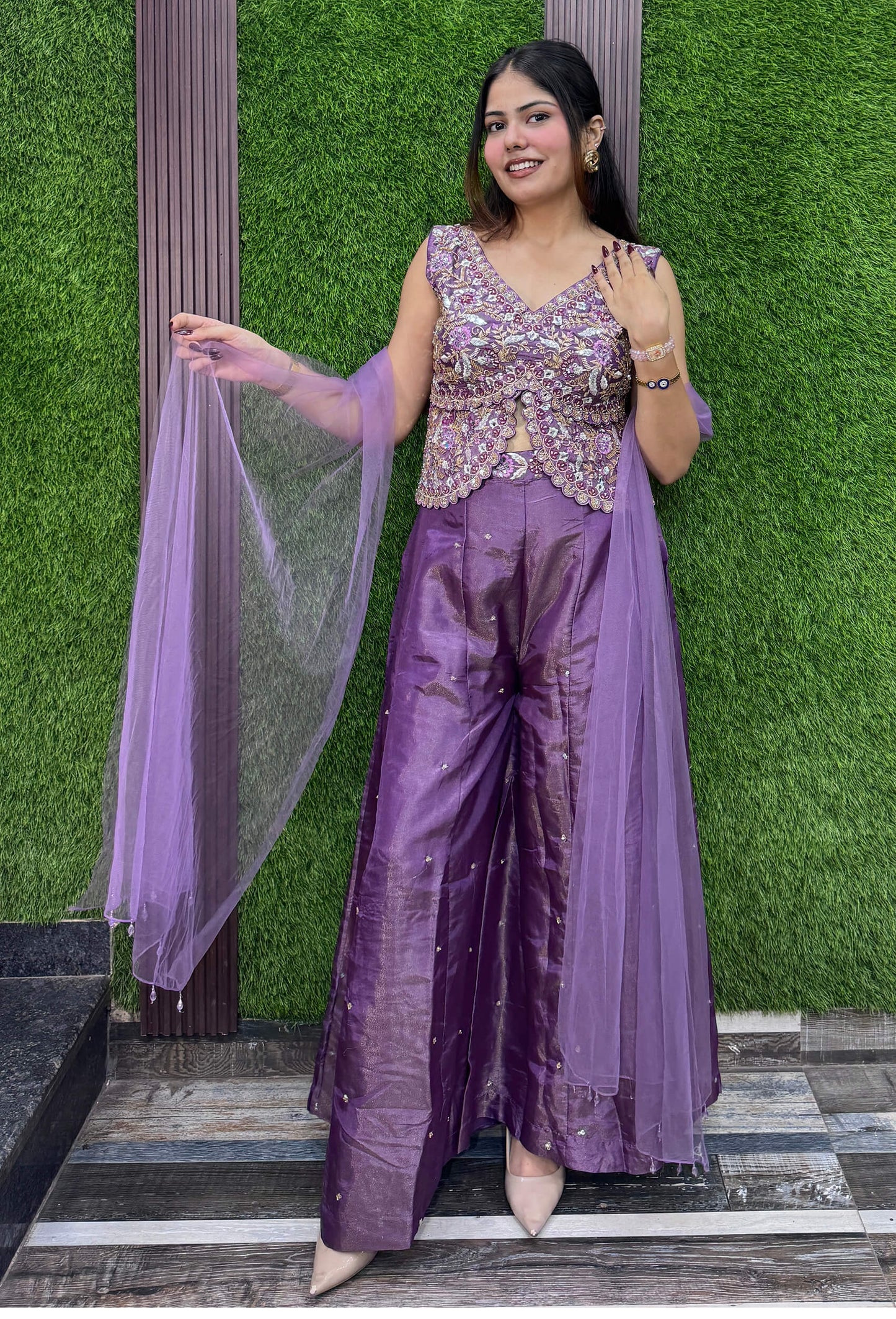 Designer Peplum Style Chinnon Silk Fully Hand-Embellished Short Top Sharara Suit with Choker Dupatta