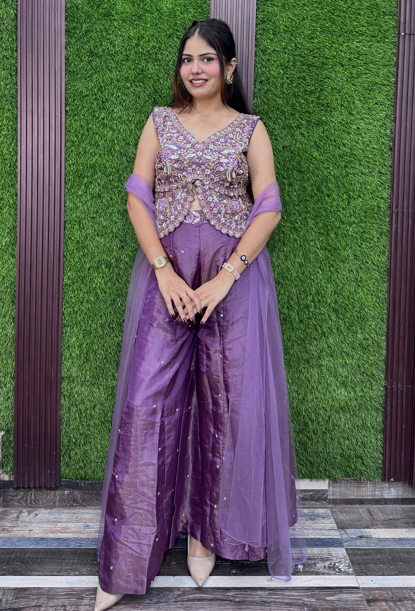 Designer Peplum Style Chinnon Silk Fully Hand-Embellished Short Top Sharara Suit with Choker Dupatta