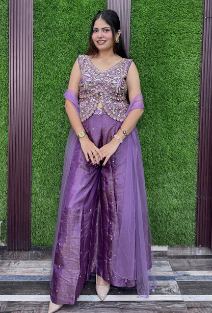 Designer Peplum Style Chinnon Silk Fully Hand-Embellished Short Top Sharara Suit with Choker Dupatta