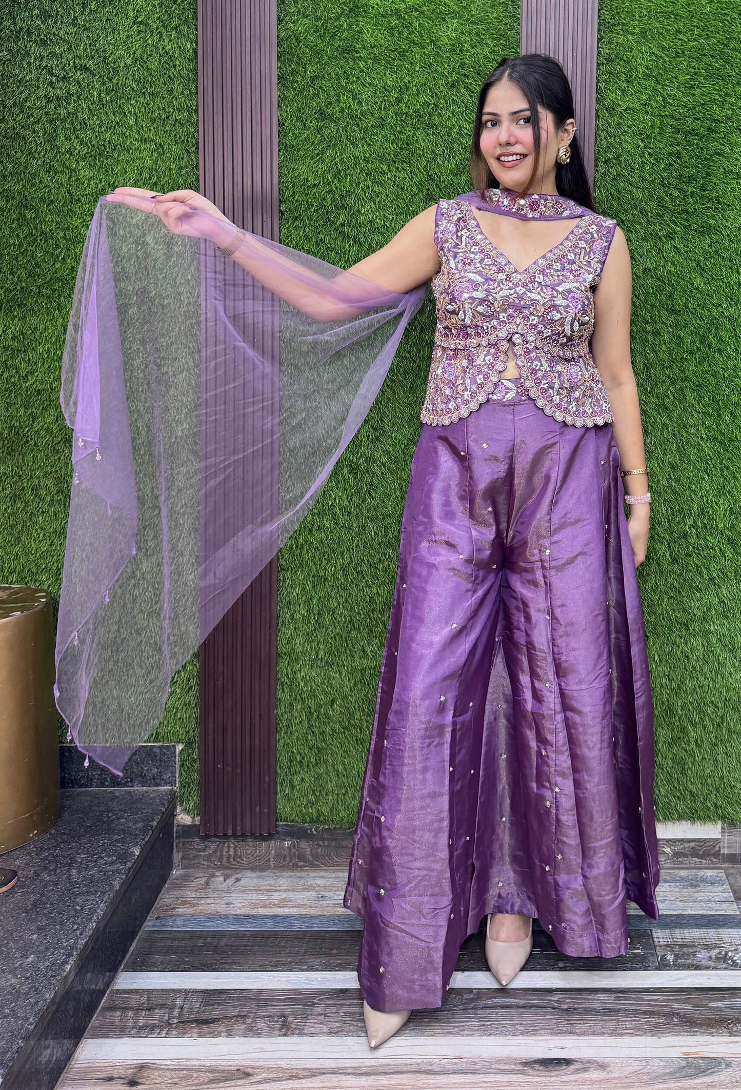 Designer Peplum Style Chinnon Silk Fully Hand-Embellished Short Top Sharara Suit with Choker Dupatta