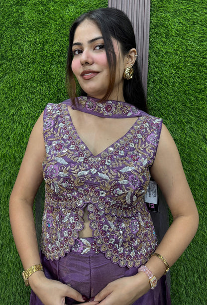 Designer Peplum Style Chinnon Silk Fully Hand-Embellished Short Top Sharara Suit with Choker Dupatta