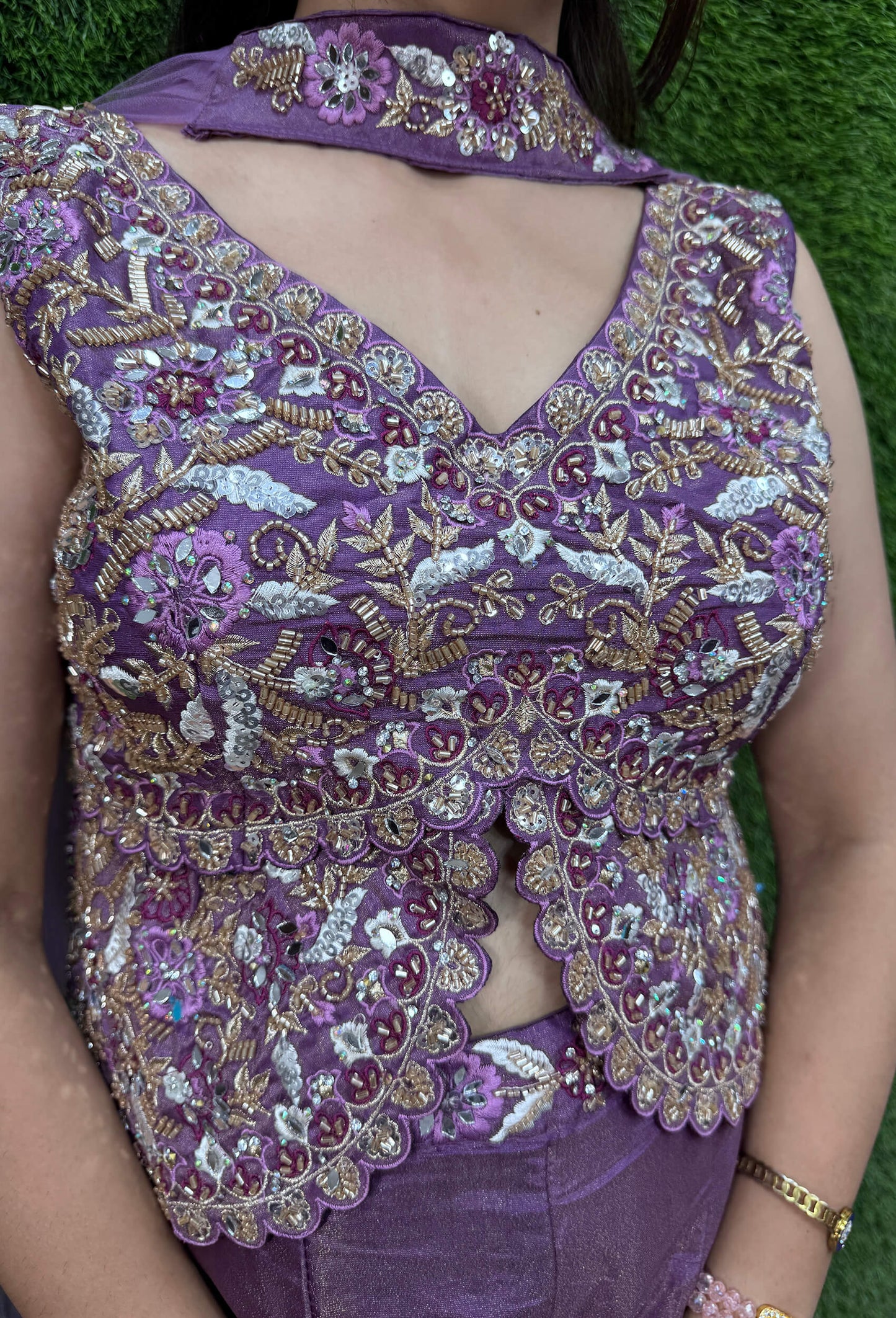 Designer Peplum Style Chinnon Silk Fully Hand-Embellished Short Top Sharara Suit with Choker Dupatta