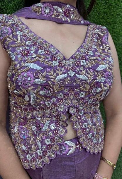 Designer Peplum Style Chinnon Silk Fully Hand-Embellished Short Top Sharara Suit with Choker Dupatta