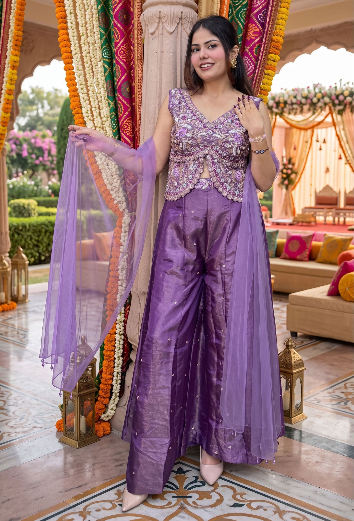 Designer Peplum Style Chinnon Silk Short Top Sharara Suit with Choker Dupatta