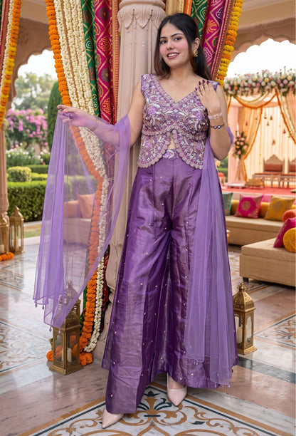Designer Peplum Style Chinnon Silk Short Top Sharara Suit with Choker Dupatta