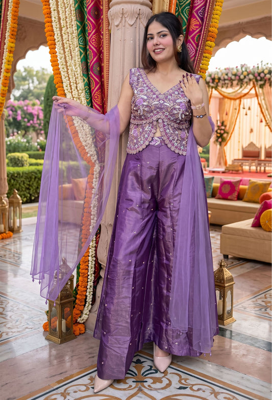Designer Peplum Style Chinnon Silk Short Top Sharara Suit with Choker Dupatta