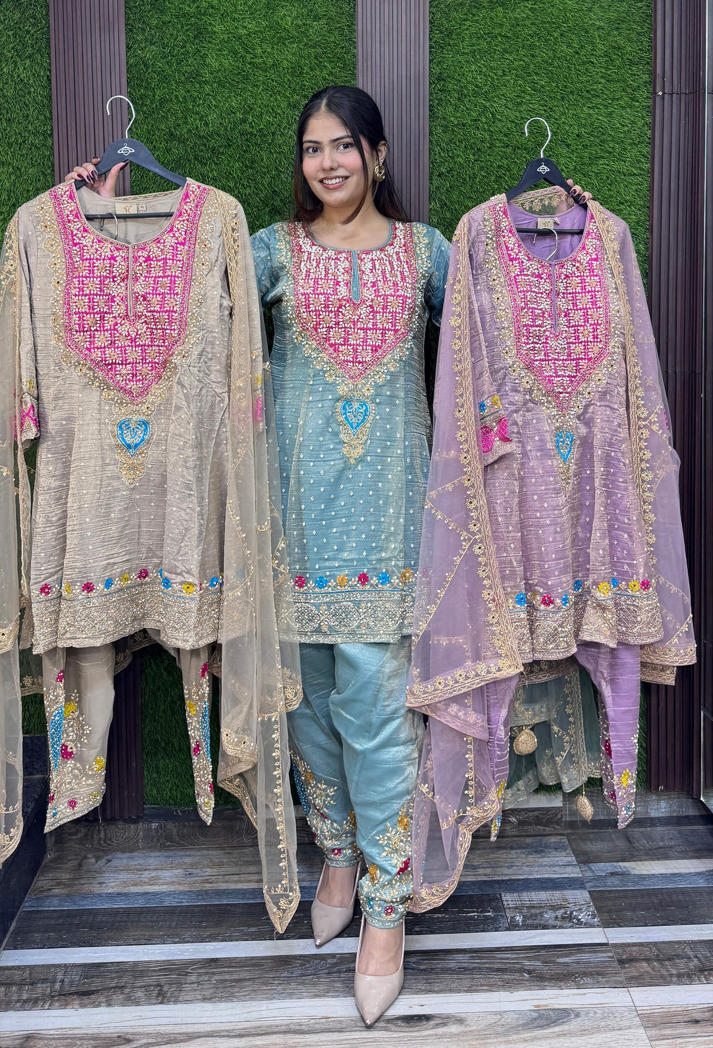 Designer Peplum Style Anarkali Suit Set with Farshi Patiala Salwar with Hand Embroidered Pearl Neckline