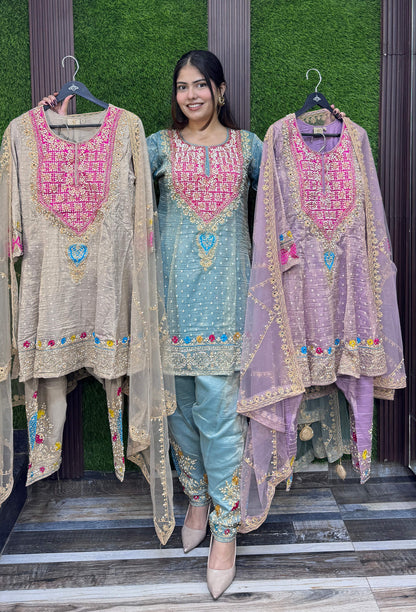 Designer Peplum Style Anarkali Suit Set with Farshi Patiala Salwar with Hand Embroidered Pearl Neckline
