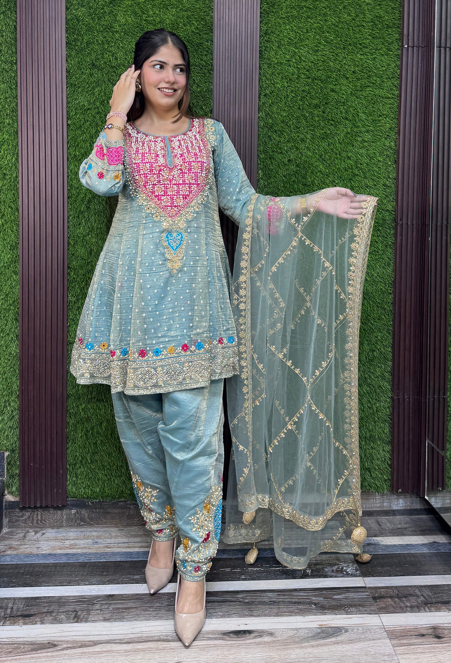 Designer Peplum Style Anarkali Suit Set with Farshi Patiala Salwar with Hand Embroidered Pearl Neckline