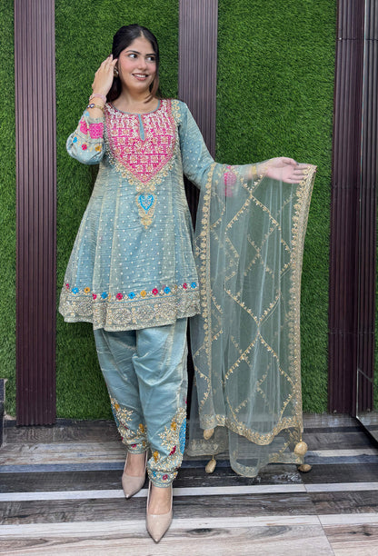 Designer Peplum Style Anarkali Suit Set with Farshi Patiala Salwar with Hand Embroidered Pearl Neckline