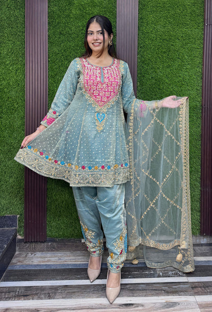 Designer Peplum Style Anarkali Suit Set with Farshi Patiala Salwar with Hand Embroidered Pearl Neckline