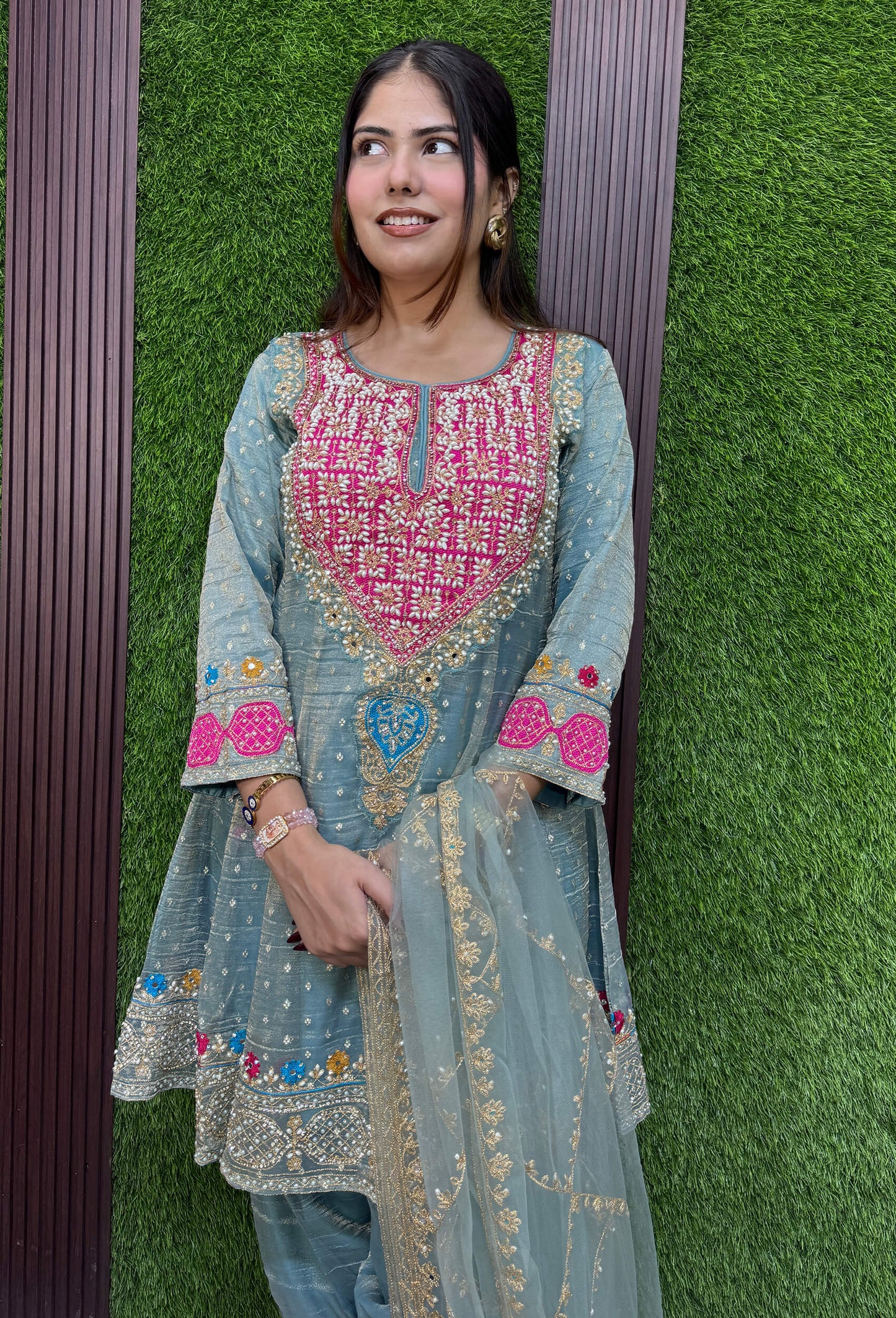 Designer Peplum Style Anarkali Suit Set with Farshi Patiala Salwar with Hand Embroidered Pearl Neckline