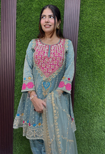 Designer Peplum Style Anarkali Suit Set with Farshi Patiala Salwar with Hand Embroidered Pearl Neckline