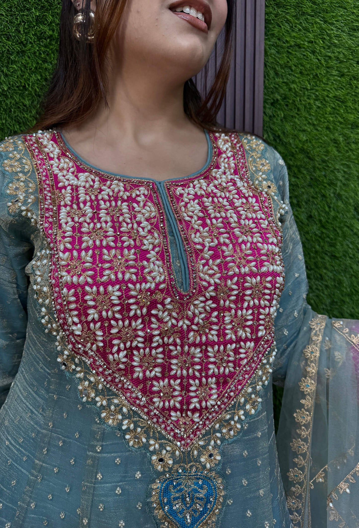 Designer Peplum Style Anarkali Suit Set with Farshi Patiala Salwar with Hand Embroidered Pearl Neckline