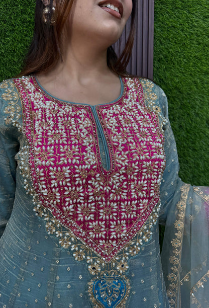 Designer Peplum Style Anarkali Suit Set with Farshi Patiala Salwar with Hand Embroidered Pearl Neckline