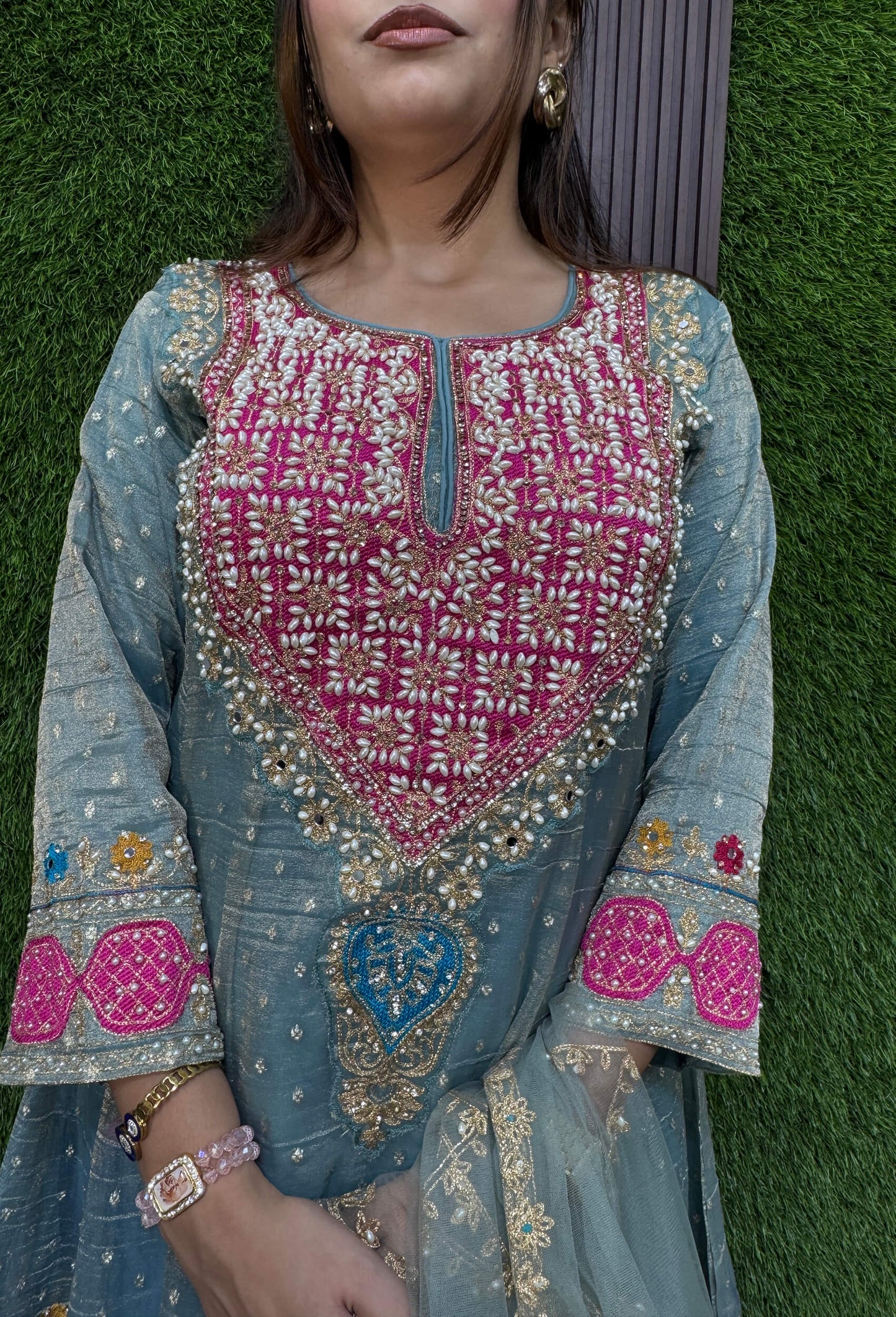 Designer Peplum Style Anarkali Suit Set with Farshi Patiala Salwar with Hand Embroidered Pearl Neckline