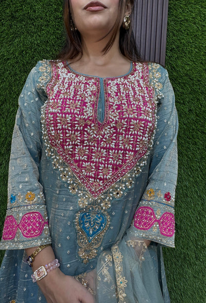 Designer Peplum Style Anarkali Suit Set with Farshi Patiala Salwar with Hand Embroidered Pearl Neckline