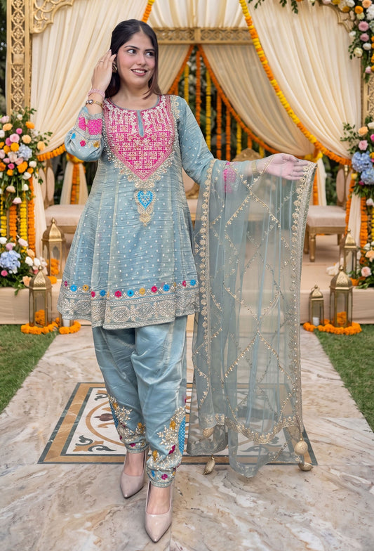 Designer Peplum Style Anarkali Suit Set with Farshi Patiala Salwar with Hand Embroidered Pearl Neckline