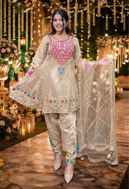 Designer Peplum Style Anarkali Suit Set with Farshi Patiala Salwar with Dupatta