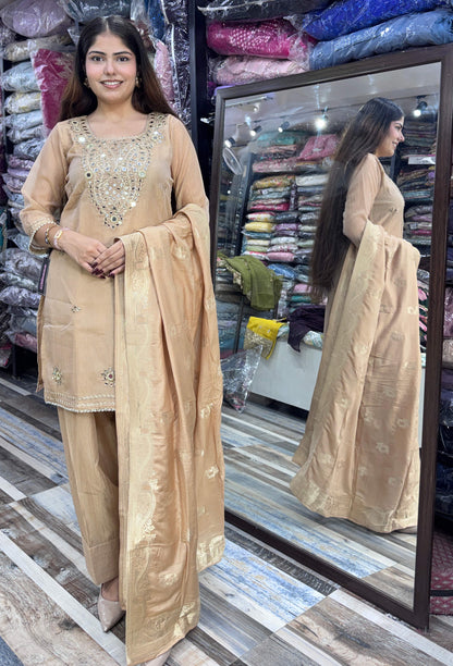 Summer Special Farshi Salwar Suit for Women in Crush Silk with Mirror Work Embroidered Shirt & Neckline and Jacquard Silk Dupatta