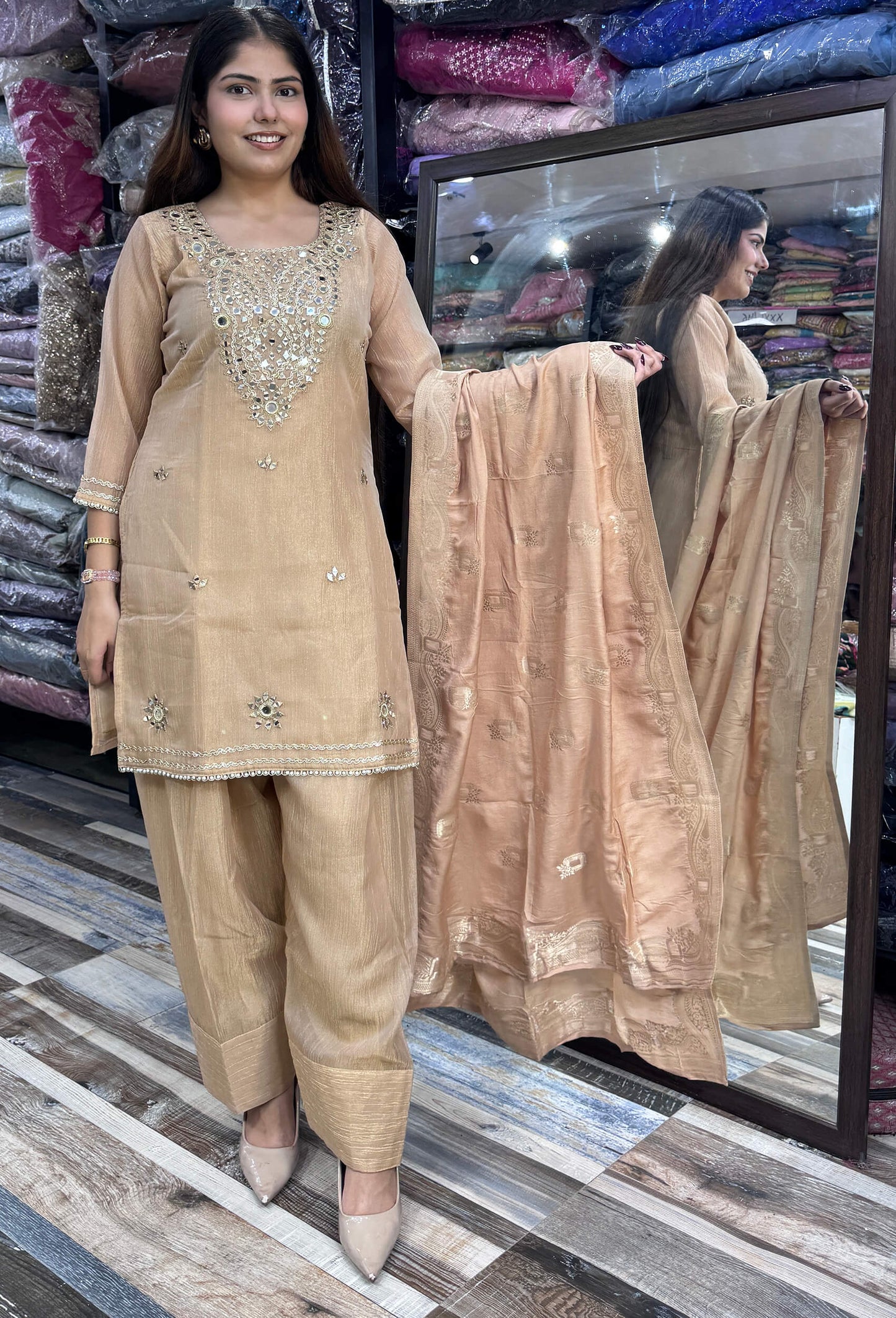 Summer Special Farshi Salwar Suit for Women in Crush Silk with Mirror Work Embroidered Shirt & Neckline and Jacquard Silk Dupatta