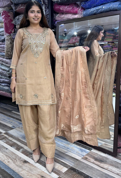 Summer Special Farshi Salwar Suit for Women in Crush Silk with Mirror Work Embroidered Shirt & Neckline and Jacquard Silk Dupatta