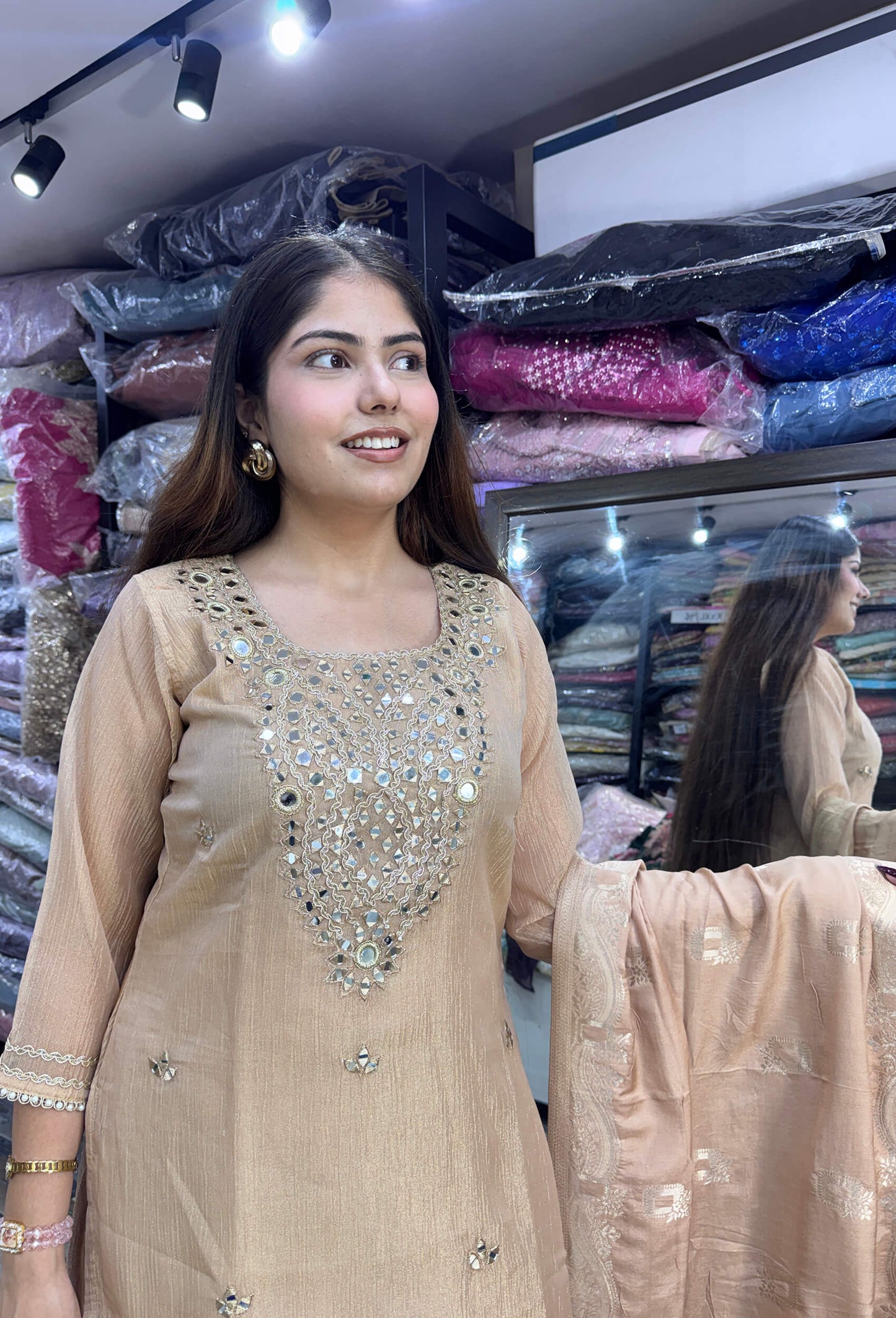 Summer Special Farshi Salwar Suit for Women in Crush Silk with Mirror Work Embroidered Shirt & Neckline and Jacquard Silk Dupatta