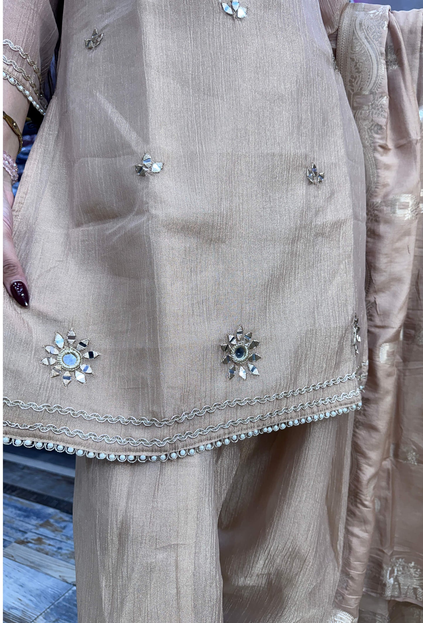 Summer Special Farshi Salwar Suit for Women in Crush Silk with Mirror Work Embroidered Shirt & Neckline and Jacquard Silk Dupatta
