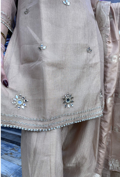 Summer Special Farshi Salwar Suit for Women in Crush Silk with Mirror Work Embroidered Shirt & Neckline and Jacquard Silk Dupatta