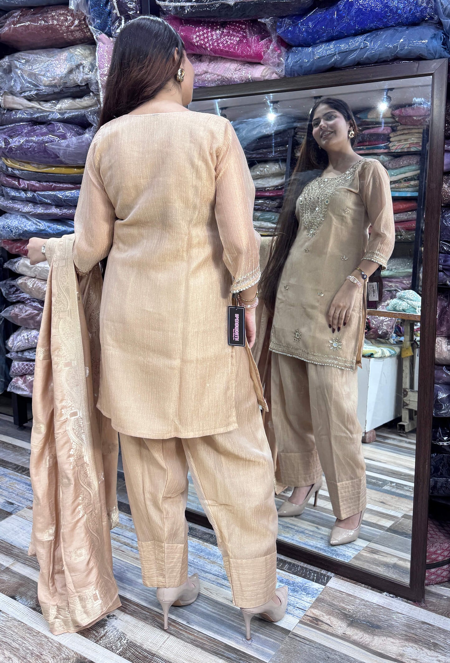 Summer Special Farshi Salwar Suit for Women in Crush Silk with Mirror Work Embroidered Shirt & Neckline and Jacquard Silk Dupatta