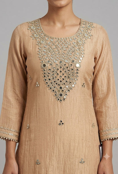 Summer Special Farshi Salwar Suit for Women in Crush Silk with Mirror Work Embroidered Shirt & Neckline and Jacquard Silk Dupatta