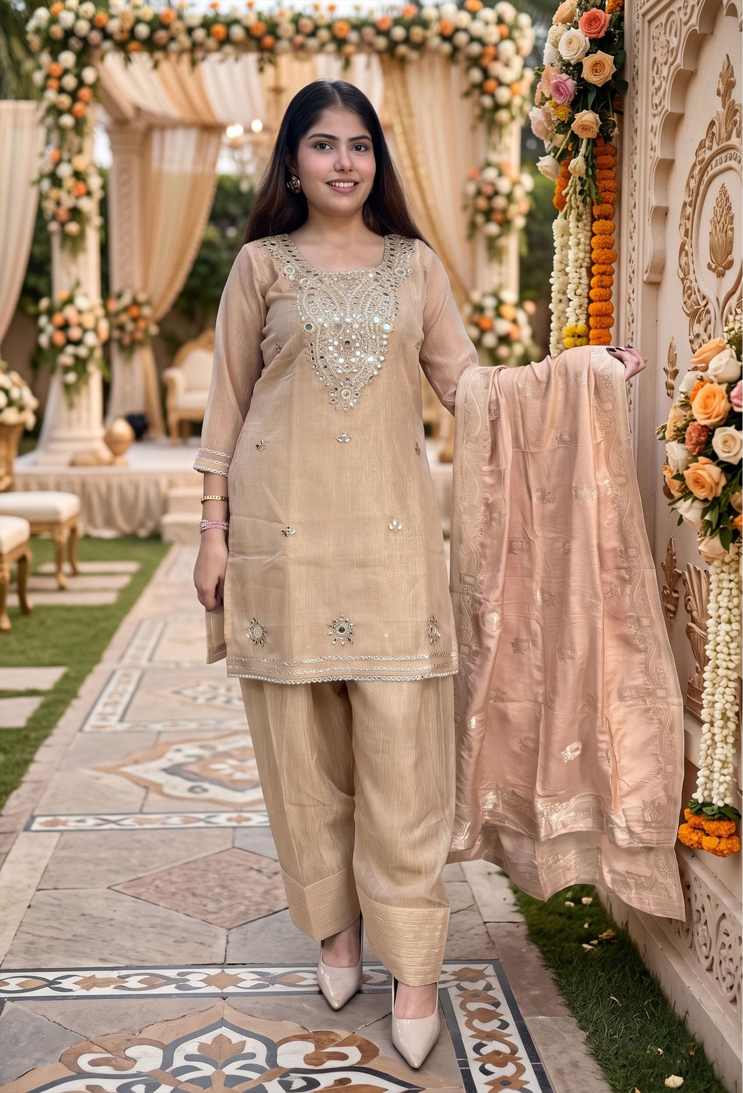 Summer Special Crush Silk Farshi Salwar Suit with Mirror Work Embroidered and Jacquard Silk Dupatta