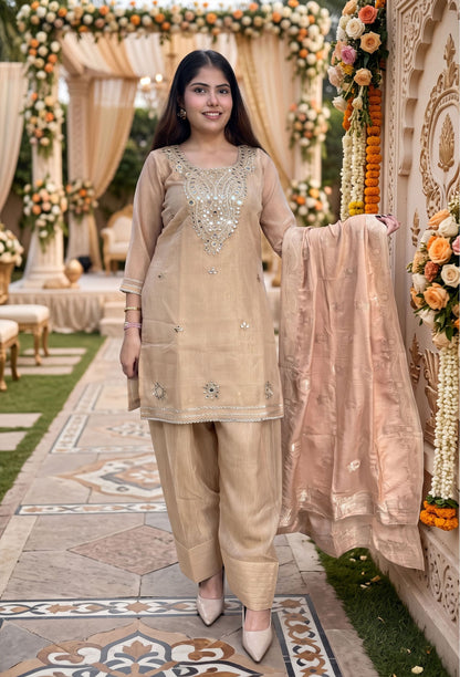 Summer Special Crush Silk Farshi Salwar Suit with Mirror Work Embroidered and Jacquard Silk Dupatta