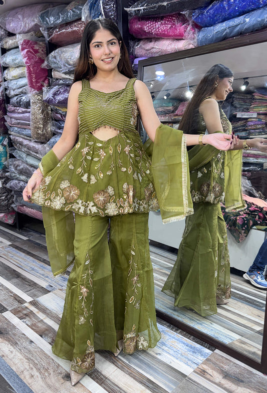 Spaghetti Strap Embroidered Top with Gotta Work Cute Peplum Sharara Suit in Crush Silk with Four-Side Border Dupatta