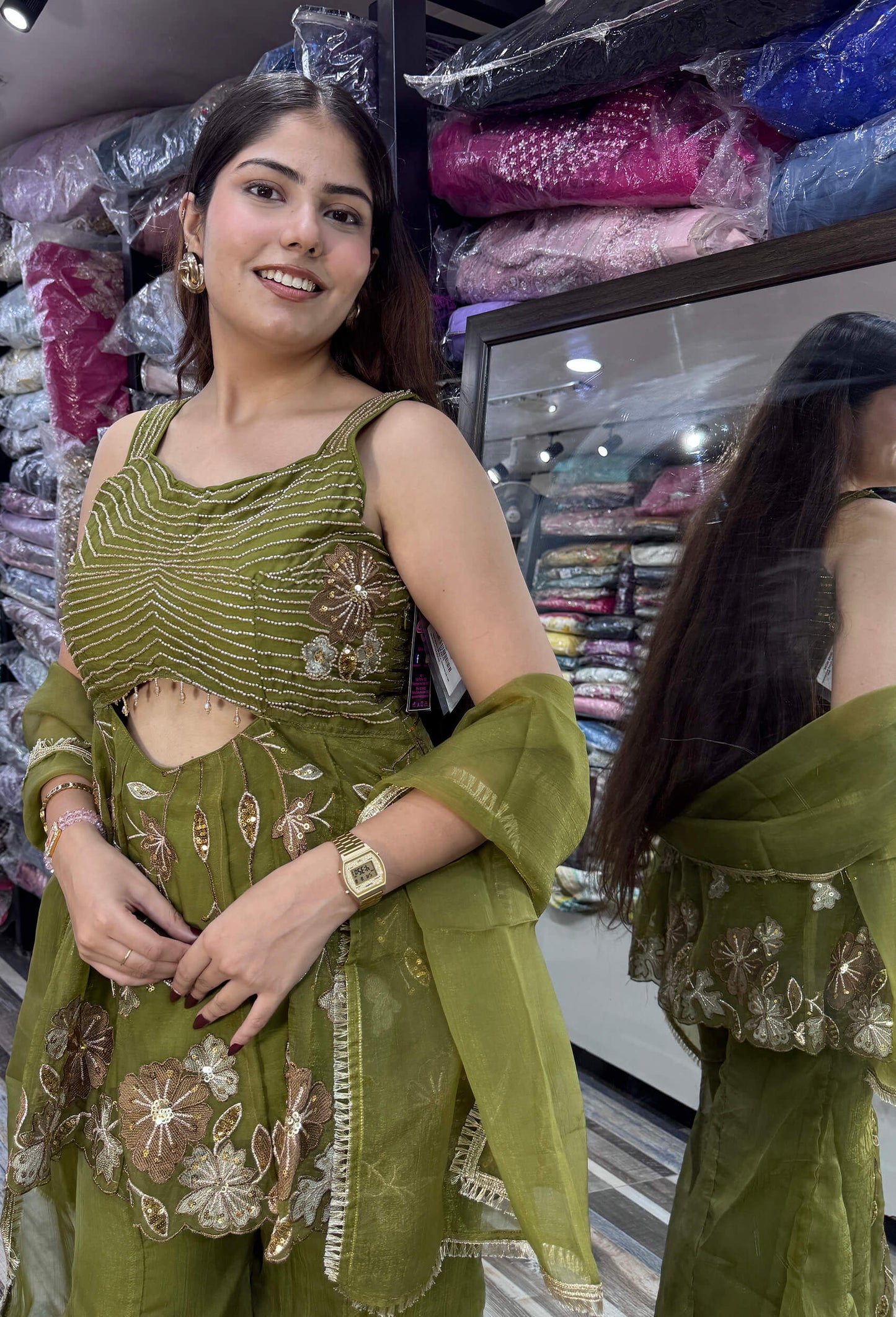 Spaghetti Strap Embroidered Top with Gotta Work Cute Peplum Sharara Suit in Crush Silk with Four-Side Border Dupatta