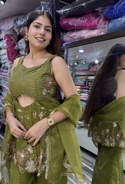 Spaghetti Strap Embroidered Top with Gotta Work Cute Peplum Sharara Suit in Crush Silk with Four-Side Border Dupatta