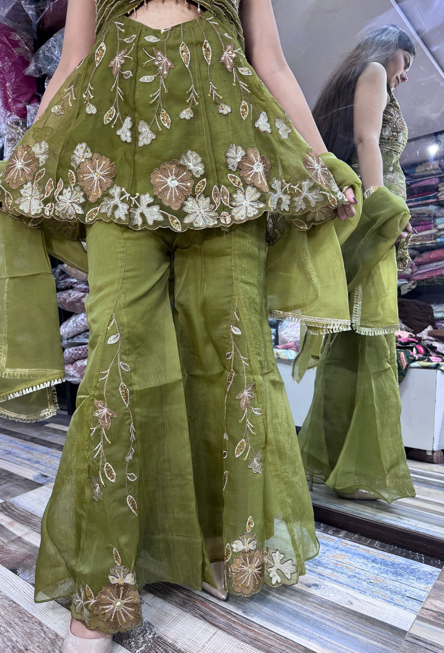 Spaghetti Strap Embroidered Top with Gotta Work Cute Peplum Sharara Suit in Crush Silk with Four-Side Border Dupatta